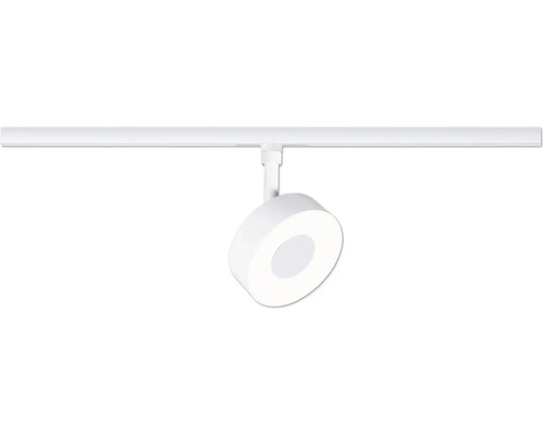 Weißer runder LED-Strahler für Schienensysteme.