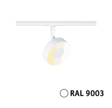 Schienensystem Strahler Signalweiß RAL 9003, runder flacher Leuchtenkopf an einer Schiene.