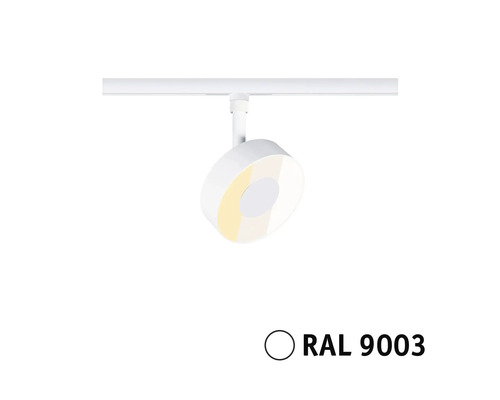 Schienensystem Strahler Signalweiß RAL 9003, runder flacher Leuchtenkopf an einer Schiene.