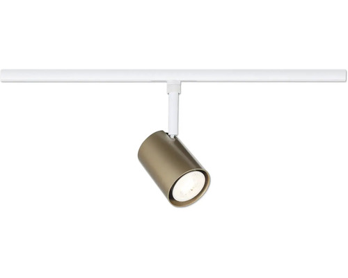 Schienensystem-Spot mit zylindrischem Kopf in Bronze und weißem Adapter.
