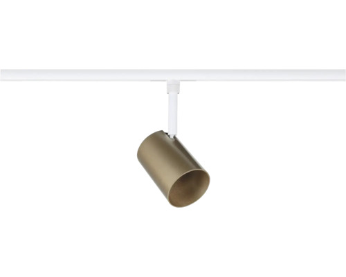 Zylindrischer Strahler für Schienensystem aus Metall in Bronze mit weißem Adapter.