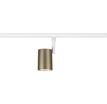 Schienensystem-Strahler mit zylindrischem Metallkopf in Bronze und weißer Aufhängung.