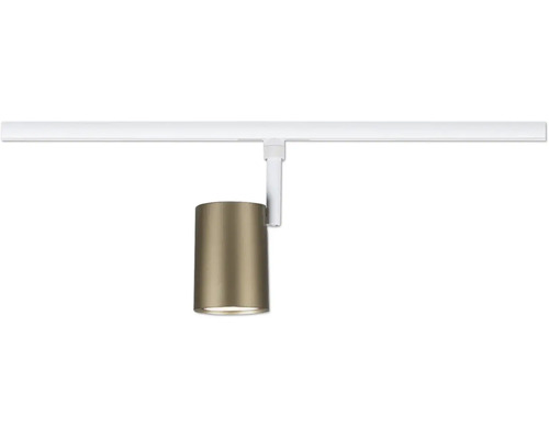 Schienensystem-Strahler mit zylindrischem Metallkopf in Bronze und weißer Aufhängung.