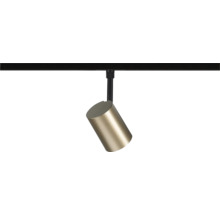 Zylindrischer Schienenstrahler aus Metall mit messingfarbenem Leuchtenkopf und schwarzer Halterung.