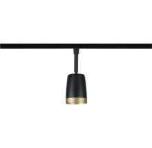 Strahler für Schienensystem aus Metall in Schwarz mit goldenem Ring.