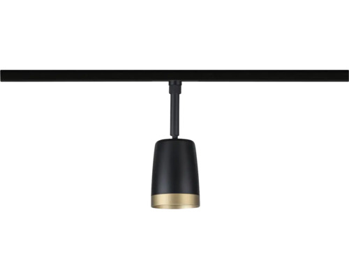 Strahler für Schienensystem aus Metall in Schwarz mit goldenem Ring.