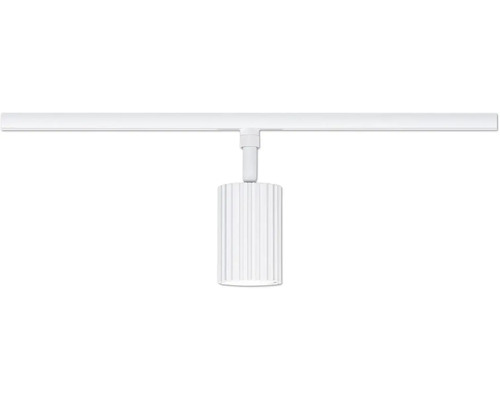 Weißer zylindrischer Schienenstrahler mit vertikal gerippter Oberfläche an einer Stromschiene.