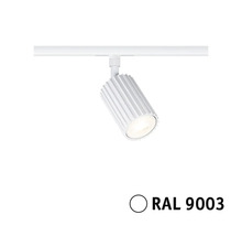 LED Schienenspot in Signalweiß RAL 9003 mit geriffelter Oberfläche an einer Stromschiene.