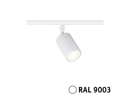 LED Schienenspot in Signalweiß RAL 9003 mit geriffelter Oberfläche an einer Stromschiene.
