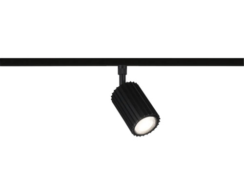 LED-Strahler für Schienensystem, schwarz, zylindrisch mit gerippter Oberfläche.