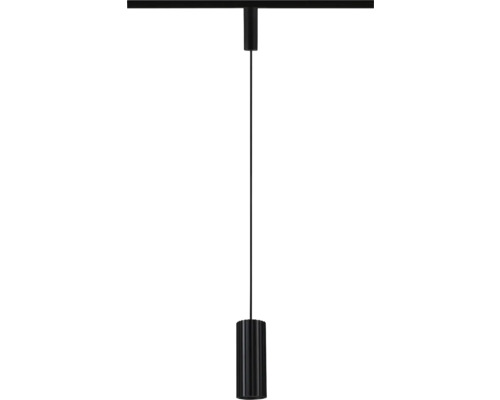 Schwarze zylindrische Pendelleuchte mit geriffelter Oberfläche für ein Stromschienensystem.