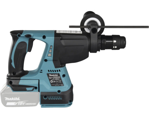 Makita Akku-Bohrhammer DHR243 mit 18 Volt Akku, Seitengriff und Tiefenanschlag.