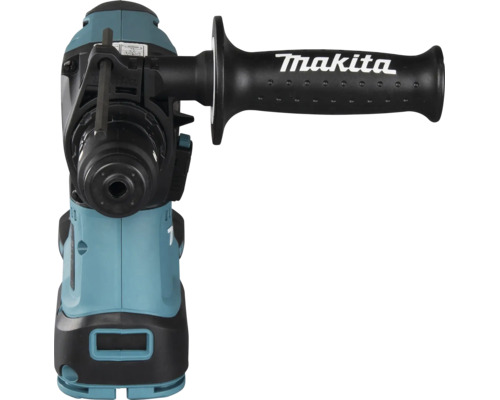 Makita Akku-Bohrhammer in der Frontansicht mit Zusatzhandgriff und Makita Logo.