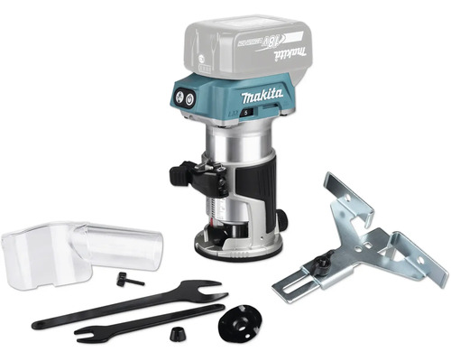 Makita Akku-Oberfräse 18 Volt inklusive Zubehör wie Parallelanschlag, Absaugstutzen und Gabelschlüsseln.