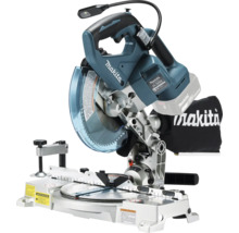 Makita Akku-Kapp- und Gehrungssäge mit 18 Volt Akku, Staubfangbeutel und LED-Arbeitsleuchte auf einem Metallfuß.