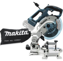 Akku-Kapp- und Gehrungssäge von Makita mit bürstenlosem Motor, 18 Volt Lithium-Ionen-Akku, Staubsack und Sägeblattschutz.