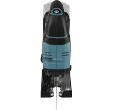 Stichsäge in Blau und Schwarz, Draufsicht auf Gehäuse mit Belüftungsschlitzen und Grundplatte.