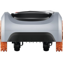 Rückansicht eines Rasenmähroboters mit Rädern und Ketten