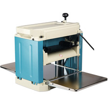 Dickenhobelmaschine aus Metall und Kunststoff in Blau und Beige mit ausziehbaren Metalltischen.
