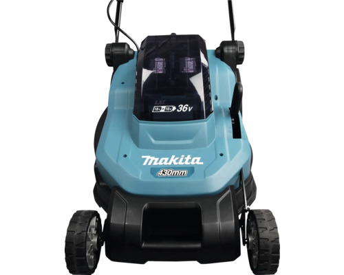 Blauer Makita Akku-Rasenmäher mit 36 Volt und 430 Millimeter Schnittbreite.