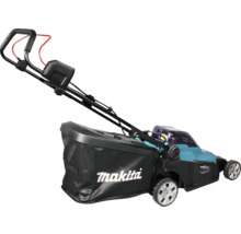 Makita Akku-Rasenmäher mit schwarzem Gehäuse, blauem Motorblock und großem Grasfangsack.
