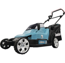 Akku-Rasenmäher Makita mit 430 Millimeter Schnittbreite und Grasfangsack, 36 Volt.
