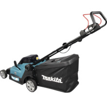 Makita Akku-Rasenmäher mit schwarzem Fangkorb und verstellbarem Führungsholm.