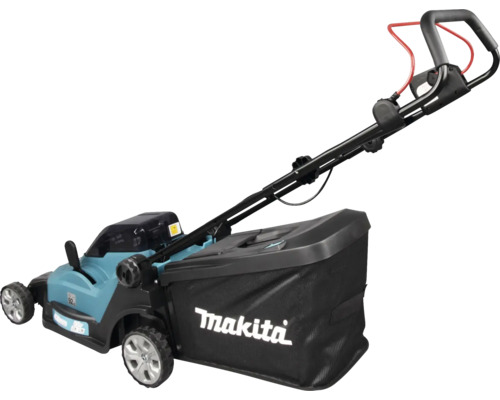 Makita Akku-Rasenmäher mit schwarzem Fangkorb und verstellbarem Führungsholm.