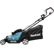 Blauer Makita Akku-Rasenmäher mit 430 Millimeter Schnittbreite und schwarzem Fangkorb.