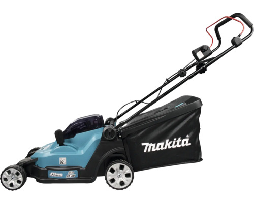 Blauer Makita Akku-Rasenmäher mit 430 Millimeter Schnittbreite und schwarzem Fangkorb.
