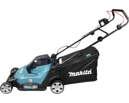 Makita Akku-Rasenmäher mit 430 Millimeter Schnittbreite und 36 Volt Leistung inklusive Grasfangsack.