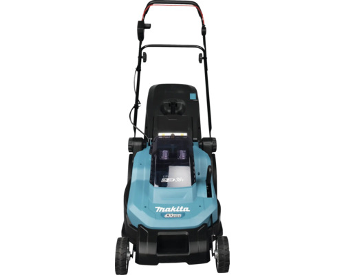 Makita Akku-Rasenmäher mit 36 Volt Leistung und 430 Millimeter Schnittbreite.