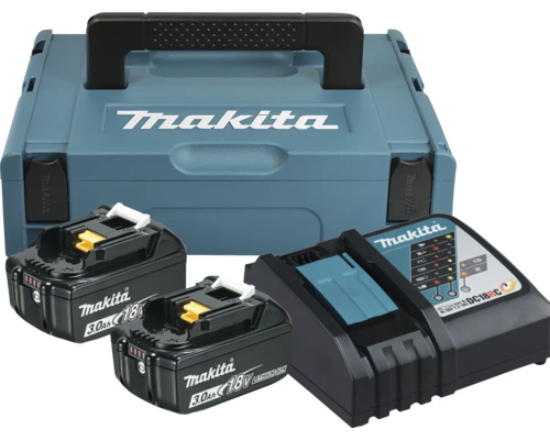 Makita Power Source Kit mit Makpac Werkzeugkoffer, zwei 18 Volt 3,0 Amperestunden Lithium-Ionen Akkus und einem Schnellladegerät.