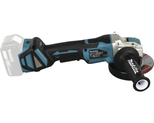 Makita Akku-Winkelschleifer DGA519 18 Volt mit 125 Millimeter Scheibendurchmesser, Zusatzhandgriff und Akku.