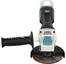 Makita Akku-Winkelschleifer mit X-LOCK System, seitlichem Handgriff und Schleifscheibe in der Draufsicht.