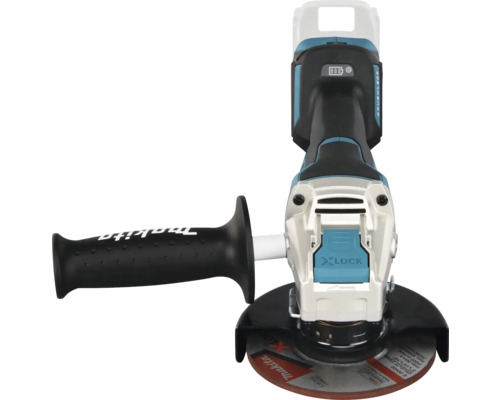 Makita Akku-Winkelschleifer mit X-LOCK System, seitlichem Handgriff und Schleifscheibe in der Draufsicht.