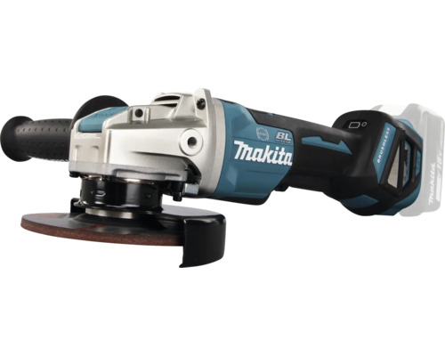 Makita Akku-Winkelschleifer mit bürstenlosem Motor, Zusatzhandgriff und Schutzhaube.