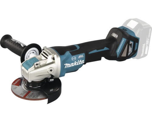 Blau-schwarzer Makita Akku-Winkelschleifer mit bürstenlosem Motor, X-LOCK-System und Seitengriff.