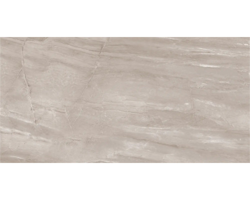 Fliese in Marmoroptik in Hellgrau mit feiner Aderung und glatter Oberfläche.