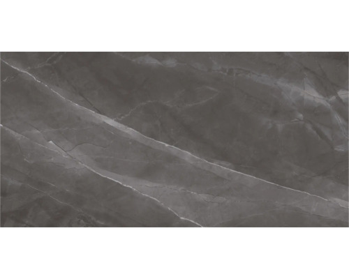 Dunkelgraue Feinsteinzeugfliese in Marmoroptik mit hellen Adern.