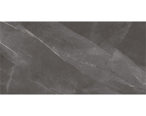 Feinsteinzeugfliese in Marmoroptik, dunkelgrau mit weißer Maserung.