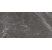 Dunkelgraue Fliese mit Marmoroptik und hellen Maserungen.