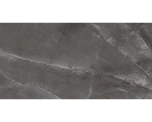 Feinsteinzeugfliese in dunkelgrauer Marmoroptik mit heller Aderung.