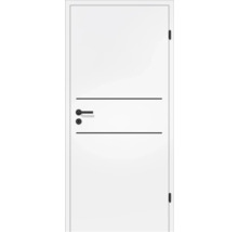 Weiße Innentür mit schwarzem Türdrücker und zwei horizontalen schwarzen Designstreifen.