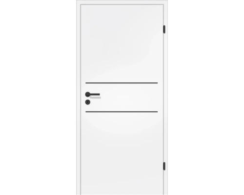 Weiße Innentür mit schwarzem Türdrücker und zwei horizontalen schwarzen Designstreifen.