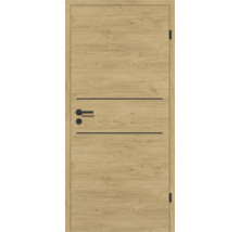 Zimmertür in Holzoptik mit zwei schwarzen Querstreifen, schwarzem Drücker und schwarzen Bändern.