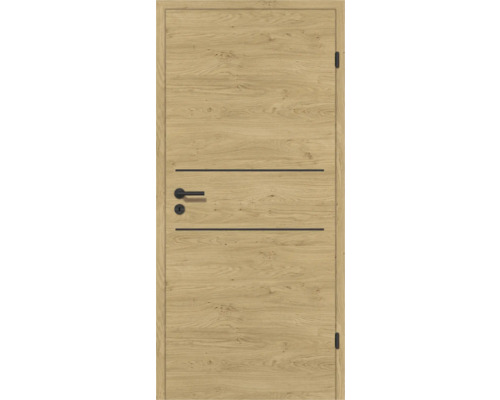 Zimmertür in Holzoptik mit zwei schwarzen Querstreifen, schwarzem Drücker und schwarzen Bändern.