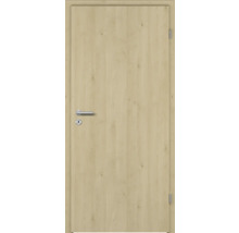 Zimmertür in Holzoptik Ahorn mit silberfarbenem Türdrücker und Schlüsselloch.