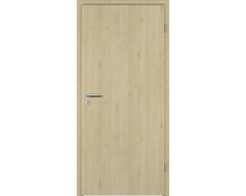 Zimmertür in Holzoptik Ahorn mit silberfarbenem Türdrücker und Schlüsselloch.