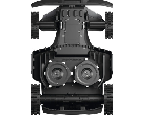 MowMentum Mähroboter Unterseite mit Schneidwerkzeugen und Raupenantrieb